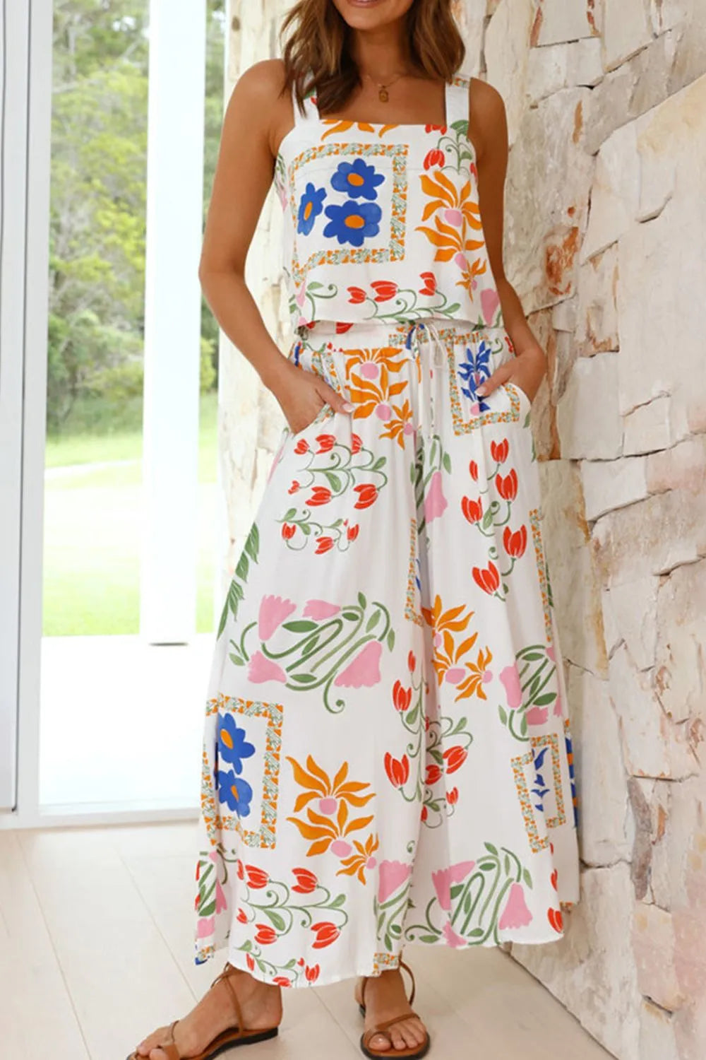 Printed Square Neck Top and Pants Set