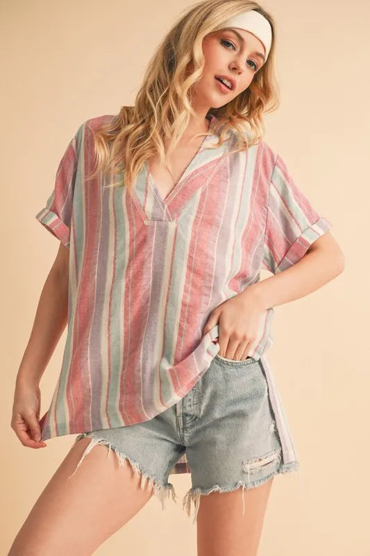 Aemi+Co Side Slit Striped Short Sleeve Blouse