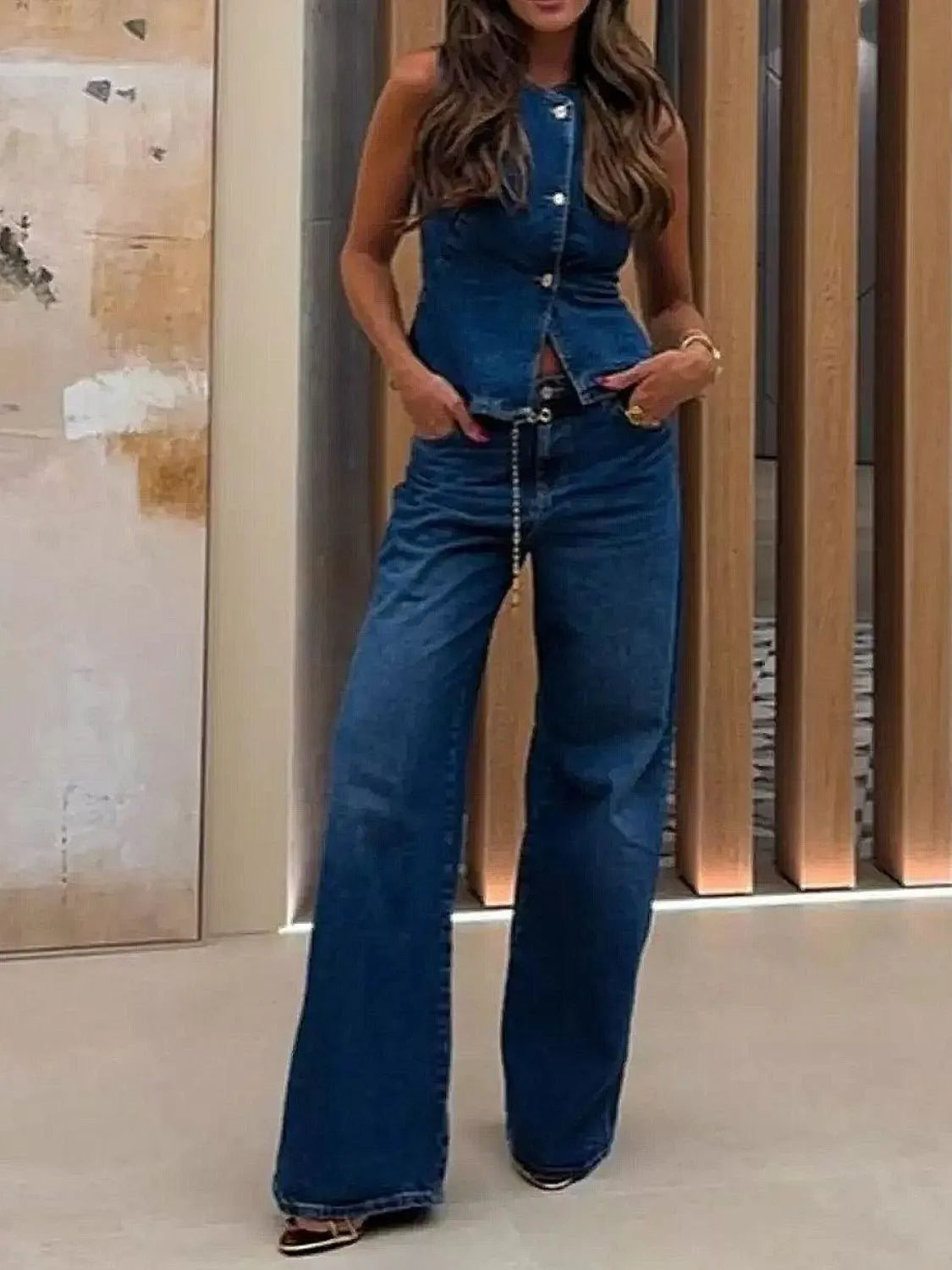 Button Down Vest and Flare Jeans Denim Set
