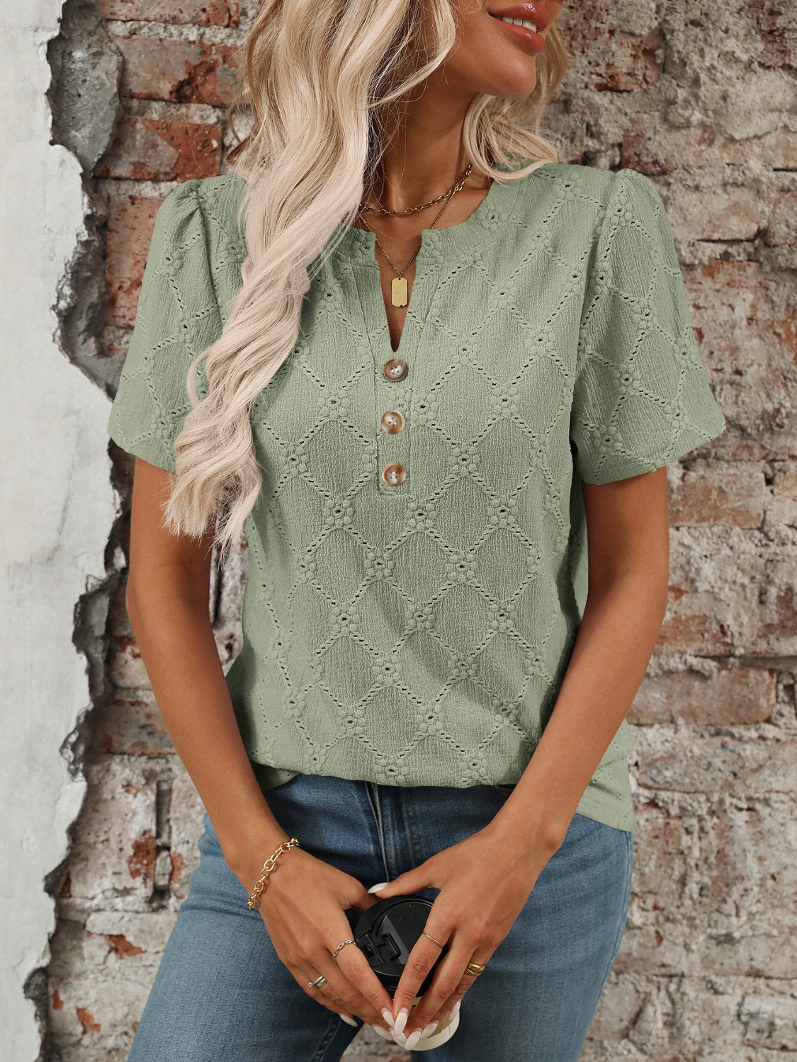 Eyelet Notched Short Sleeve Top