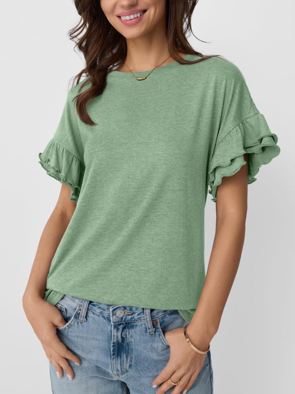 Ruffled Round Neck Short Sleeve T-Shirt