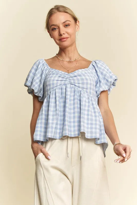 Davi & Dani Plaid Puff Sleeves Ruffled Smocked Blouse